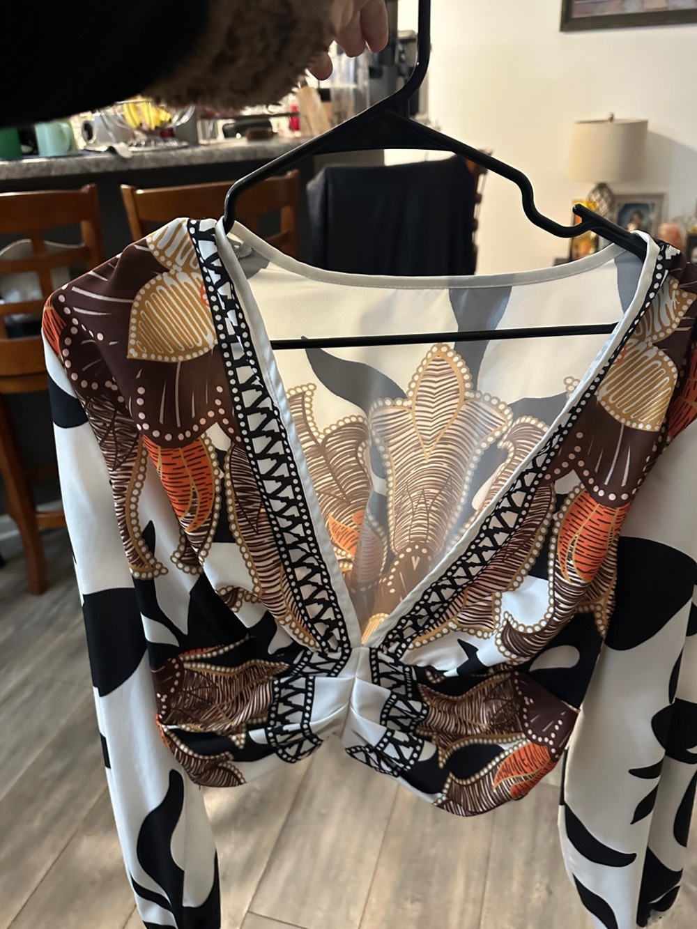 SHEIN White, Black, Brown & Orange Printed V-Neck Tie-Front Crop Top